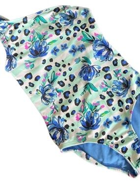 Wonder Nation Floral Blue Leopard Print One-Piece Swimsuit Sz M (7-8)